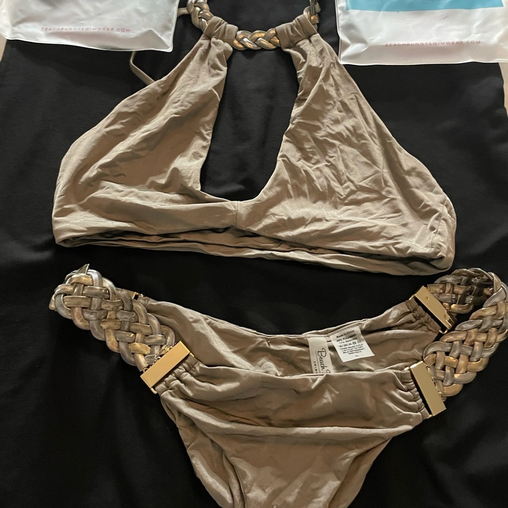 Beach Bunny Tan Bikini Set  Top and Decorative Sides braided rope. NWOT Top is X